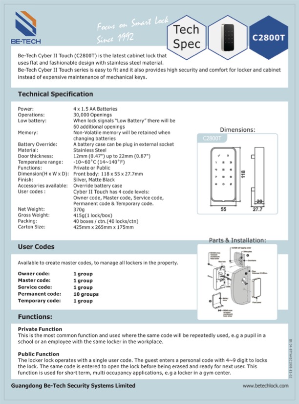 Cyber II Touch_CabinetLock_TechSpec_21Aug18
